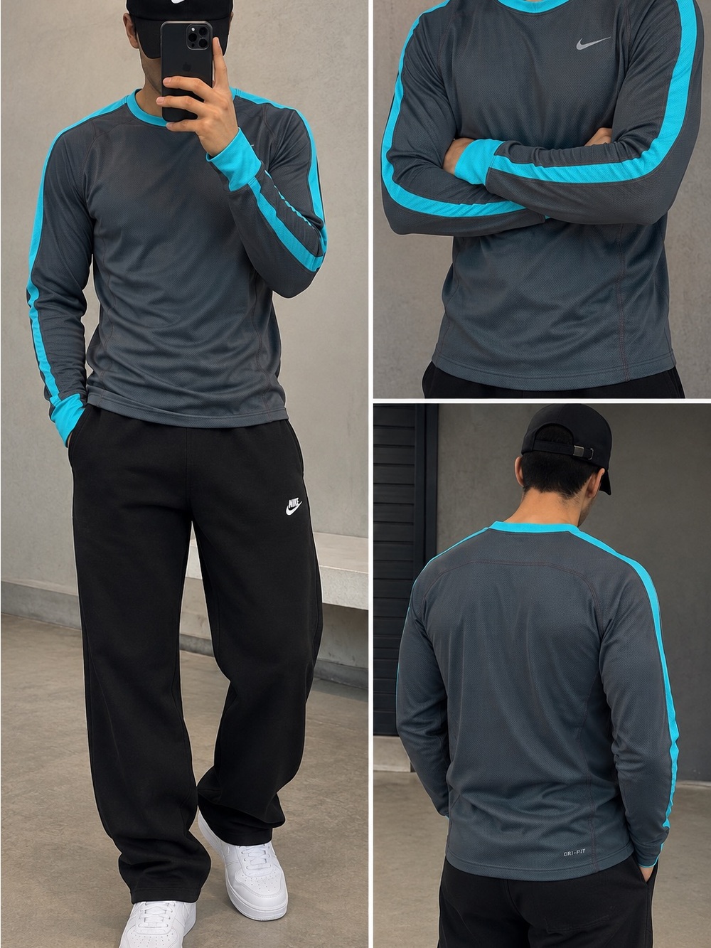 Nike Men’s Long Sleeve Athletic Tee — Charcoal with Teal Trim
